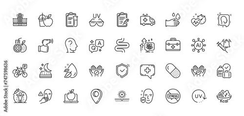 Capsule pill, Vaccine announcement and Ambulance car line icons pack. AI, Question and Answer, Map pin icons. Bicycle parking, No sun, Uv protection web icon. Vector