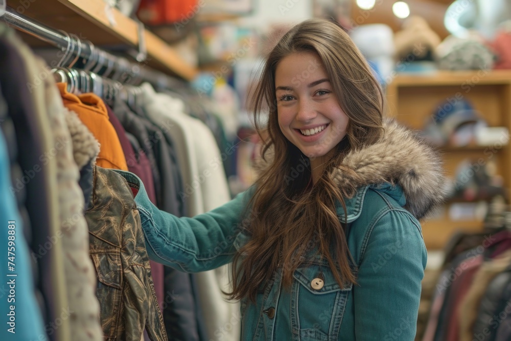 A cheerful woman in a teal top smiles while holding a winter coat in a thrift store filled with second-hand treasures A cheerful woman in a teal top smiles while holding a winter coat in a thrift store filled with second-hand treasures