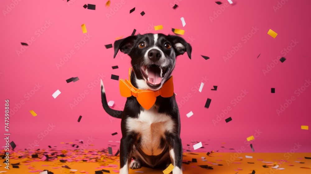 Dog wearing an orange bow tie with confetti falling around it