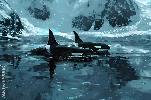 Experience the breathtaking sight of a pod of orcas gracefully navigating the icy Arctic waters, their striking black and white colors contrasting against the frozen seascape.