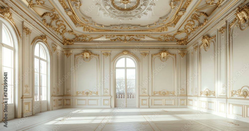 an empty room with white walls and gold ceilings