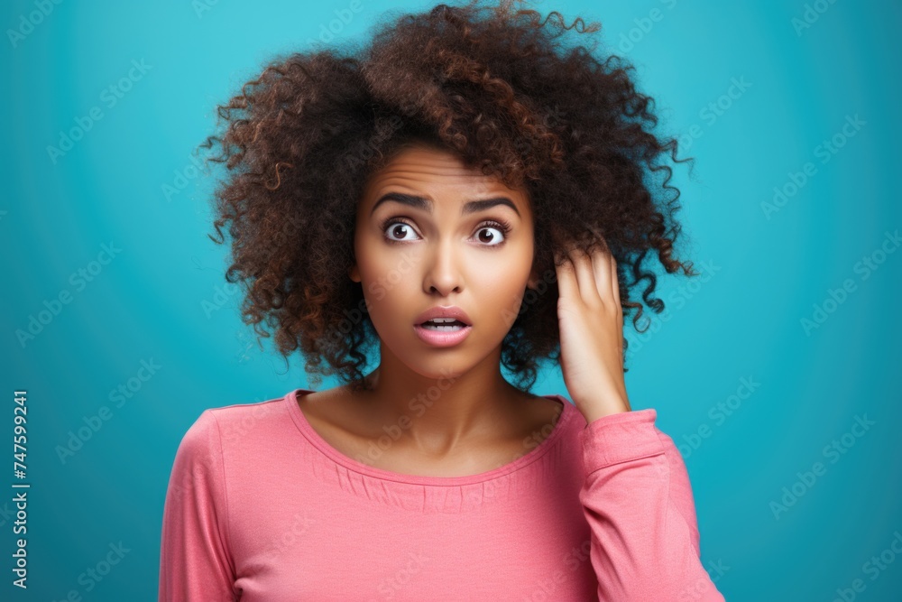 Surprised woman with curly hair, wide-eyed and open-mouthed in astonishment. Surprised woman with curly hair, wide-eyed and open-mouthed in astonishment.