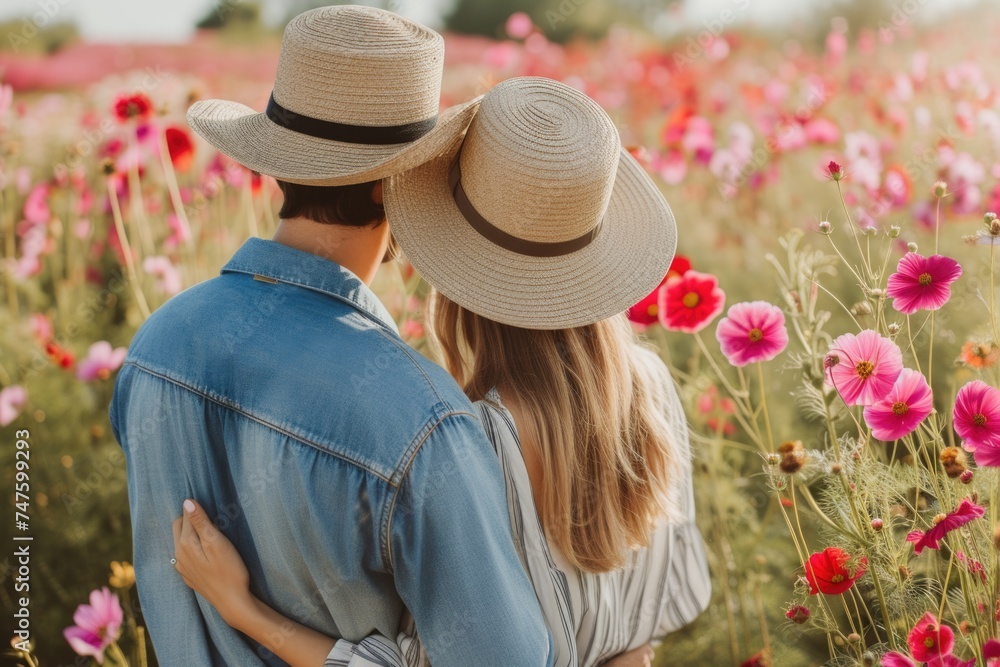 A couple in straw hats embraces, overlooking a vibrant field of flowers.