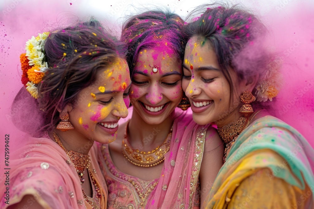 Friends share laughter amidst a burst of pink Holi powder, faces beaming with happiness.
