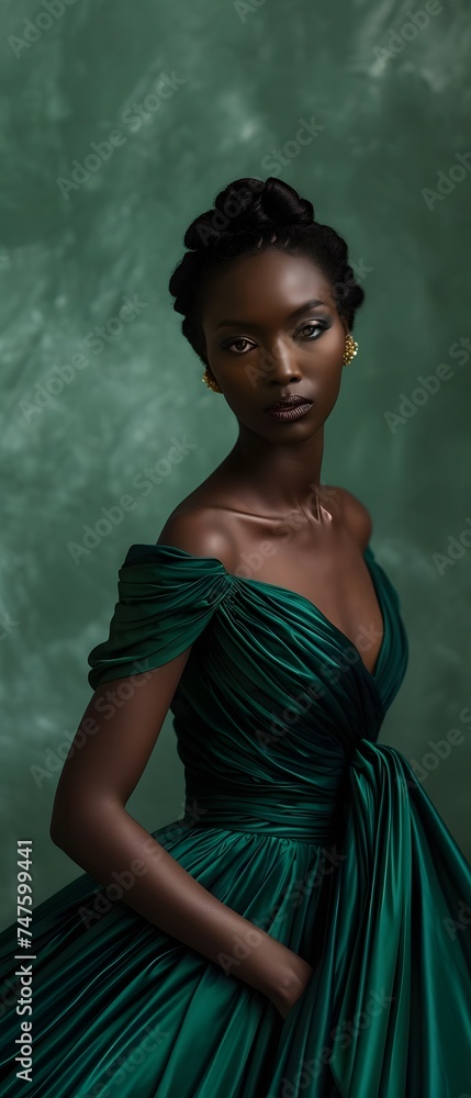 elegant emerald green satin silk dress black woman model posing 