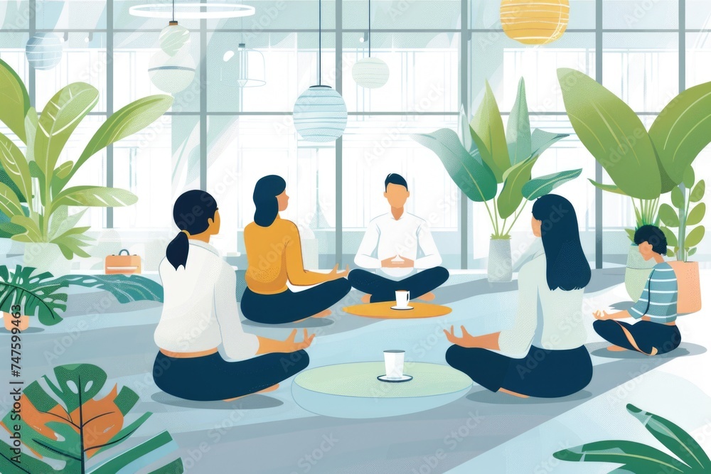 A diverse group of people sits comfortably on the floor of a stylishly decorated room. They appear engaged in conversation and teamwork, fostering a collaborative and creative environment A diverse group of people sits comfortably on the floor of a stylishly decorated room. They appear engaged in conversation and teamwork, fostering a collaborative and creative environment