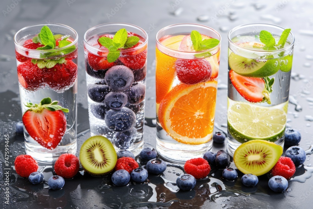 A collection of glasses, each filled with a variety of colorful fruits, creating a vibrant and enticing display of freshness and nutrition A collection of glasses, each filled with a variety of colorful fruits, creating a vibrant and enticing display of freshness and nutrition