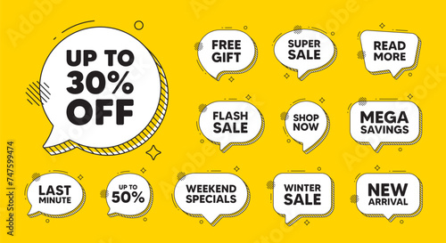Offer speech bubble icons. Up to 30 percent off sale. Discount offer price sign. Special offer symbol. Save 30 percentages. Discount tag chat offer. Speech bubble discount banner. Vector