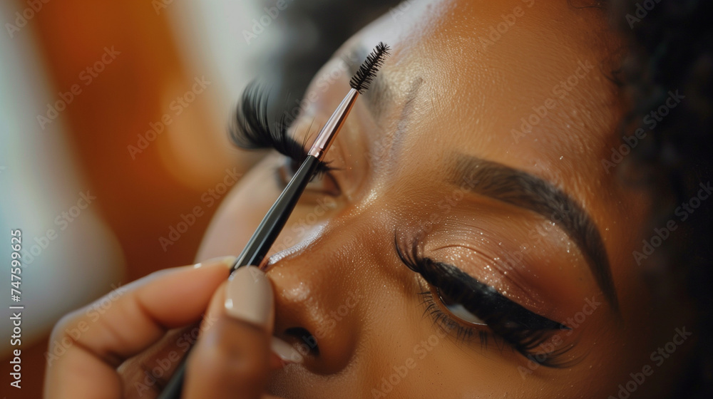 Makeup Artist Precision: Applying False Eyelashes on a Client, Detailed View of Eye Makeup Application, Beauty Enhancement Process, High-Definition Stock Photo.
