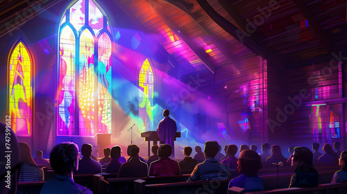 
Vibrant Church Sermon Illustration: Pastor Speaking to Congregation, Majestic Stained Glass Light Effects, Spiritual Gathering, Colorful and Uplifting Worship Service, High-Quality Artistic Stock Ima