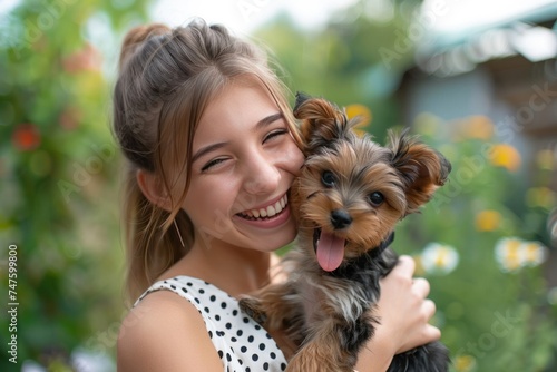 A young beautiful woman in a white dress with black polka dots is holding a Yorkshire terrier puppy in her hands