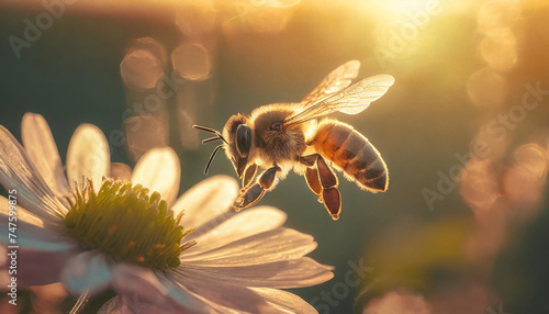 Bee in flight next to a flower ay the sunset time. photo