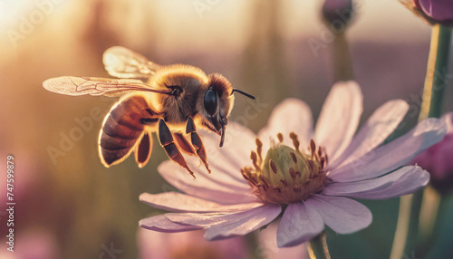 Bee in flight next to a flower ay the sunset time. © Karo