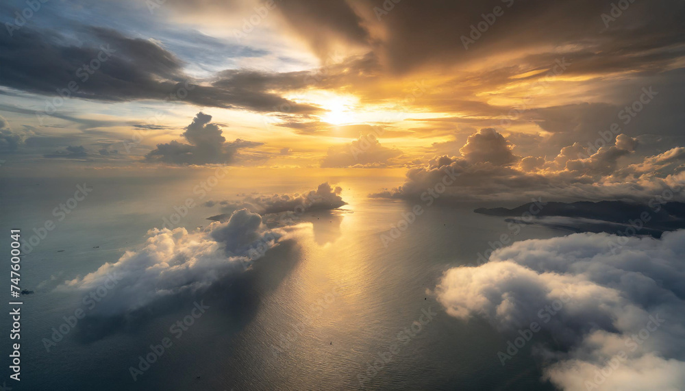 Beautiful bright dramatic sunset  over the sea,  aerial view.