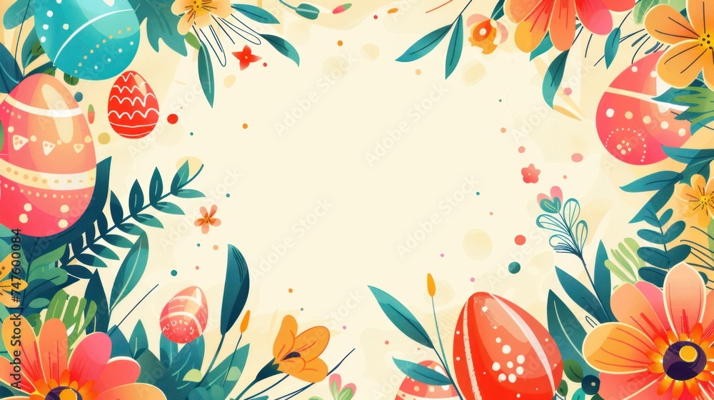 Minimalistic Easter background with colorful eggs, flowers, and ample text space.