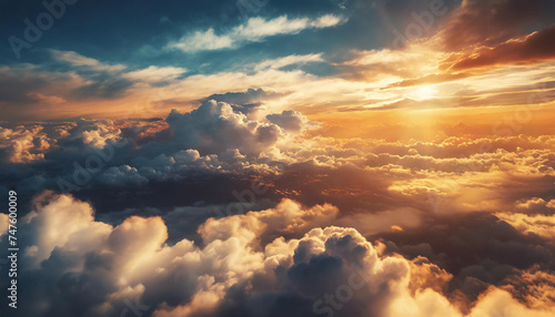 Bright sunset clouds in the sky, aerial view .