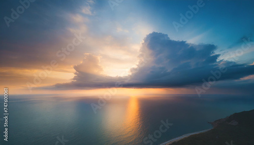 Beautiful bright dramatic sunset over the sea, aerial view. 