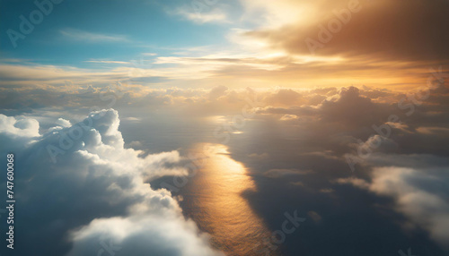 Beautiful bright dramatic sunset over the sea, aerial view.