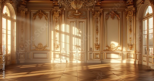 a room with golden walls and doors in the old era