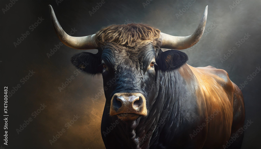 Close up big bull portrait on bokeh background.
