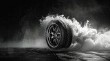 car tire smoke coming from a drifting wheel on black background