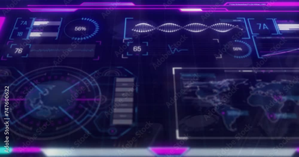 Animation of data processing and diagrams over world map and dna strand Animation of data processing and diagrams over world map and dna strand