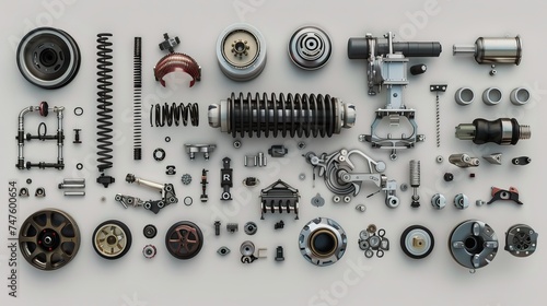 different car parts, laying on a plain white background photo