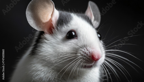 Cute white mouse portrait on dark background.