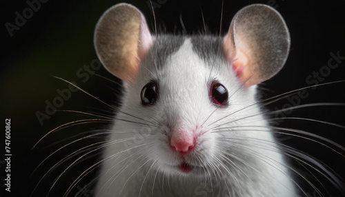 Cute white mouse portrait on dark background.