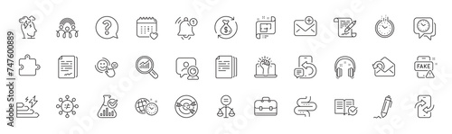 New mail, Puzzle and Portfolio line icons. Pack of Targeting, Empower, Customer satisfaction icon. Time management, Discrimination, Architectural plan pictogram. Question mark, Fake news. Vector