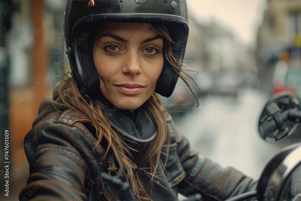 Young beautiful woman biker sits on her motorcycle and looks into the camera smiling Young beautiful woman biker sits on her motorcycle and looks into the camera smiling