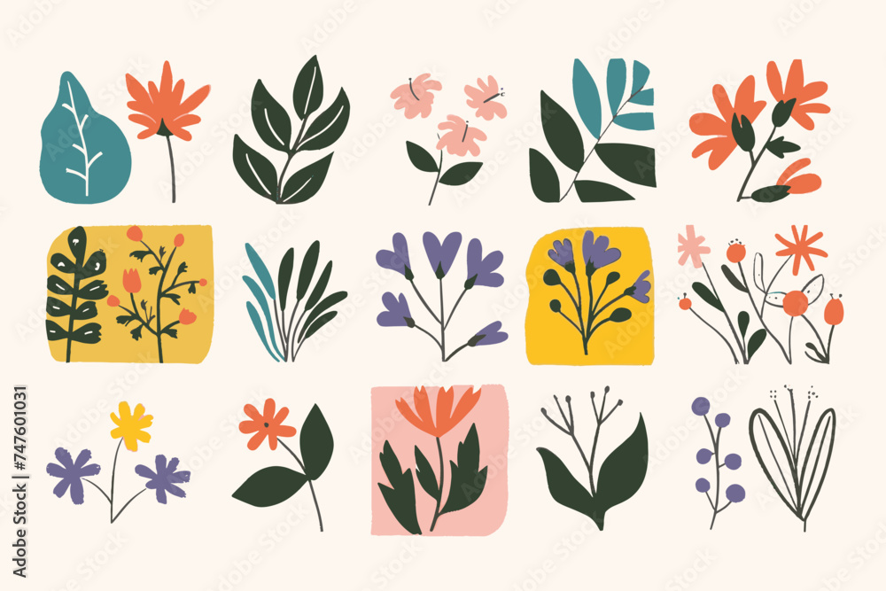 Fototapeta premium A set of fun flower and nature design elements. Flat hand drawn vector collection
