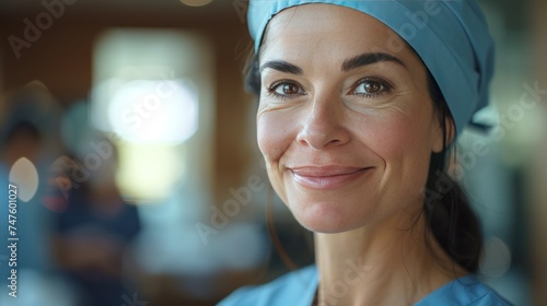 A compassionate nurse, in scrubs, smiles warmly, representing care and empathy in the healthcare profession