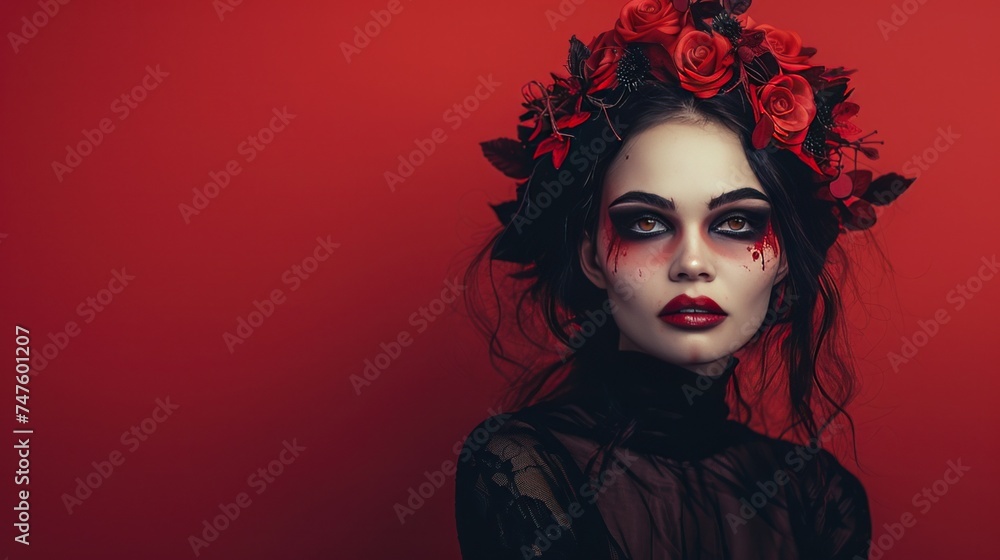 Red background with woman in Halloween costume. Red background with woman in Halloween costume.