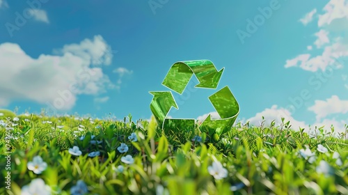 Eco-Friendly Recyclation Concept: 3D Rendering of Green Recycle Icon on Fresh Spring Meadow photo