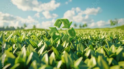 Eco-Friendly Recyclation Concept: 3D Rendering of Green Recycle Icon on Fresh Spring Meadow photo