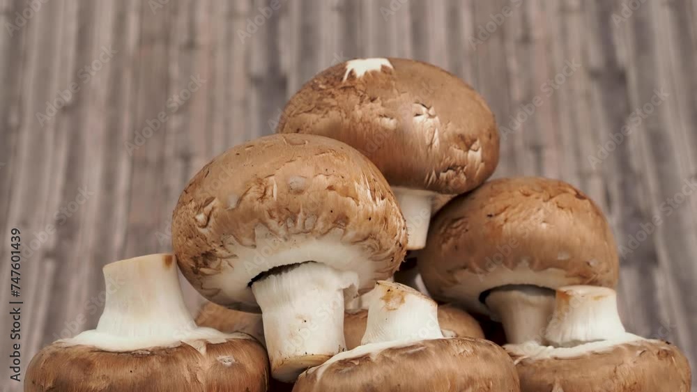 Champignon mushrooms rotate on a wooden background. Champignon mushrooms close-up. Champignon mushrooms rotate on a wooden background. Champignon mushrooms close-up.