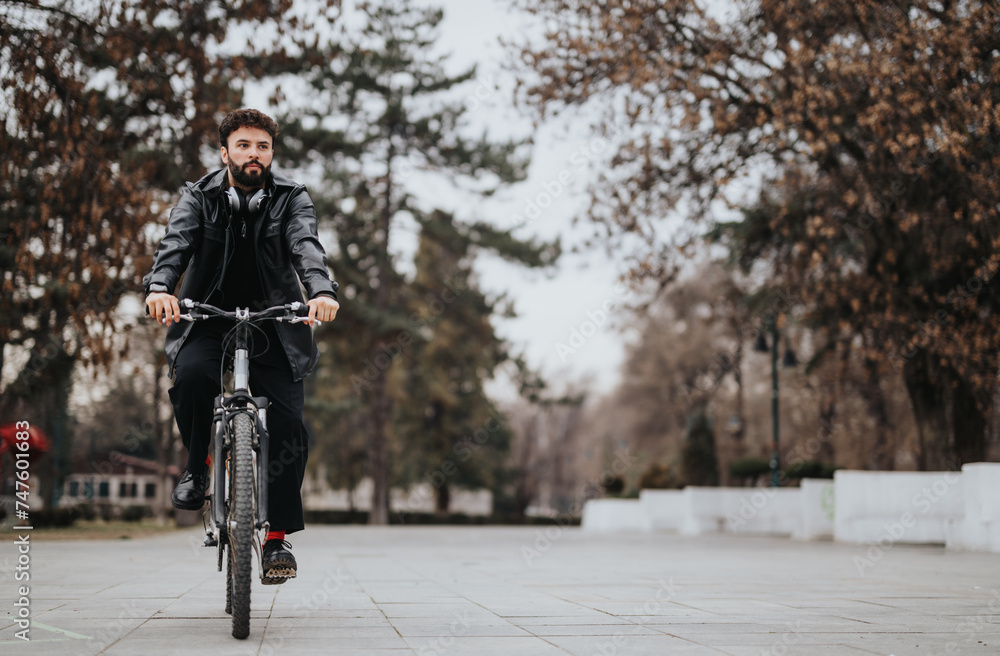 A male business entrepreneur in casual wear commutes on a bike through urban park scenery.