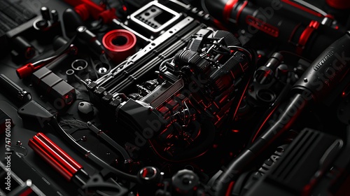Red, Black and white, reflects Auto Parts, a sleek sports car engine detailed against a dark background, an industrial workshop setting with tools and auto parts scat
