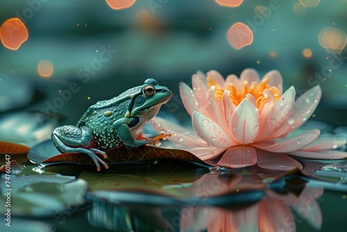 A small bright green frog sits on a water lily leaf in a forest pond