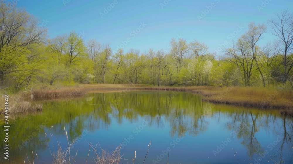 A crystal-clear pond reflects the azure sky and budding trees, creating a mesmerizing mirror of nature