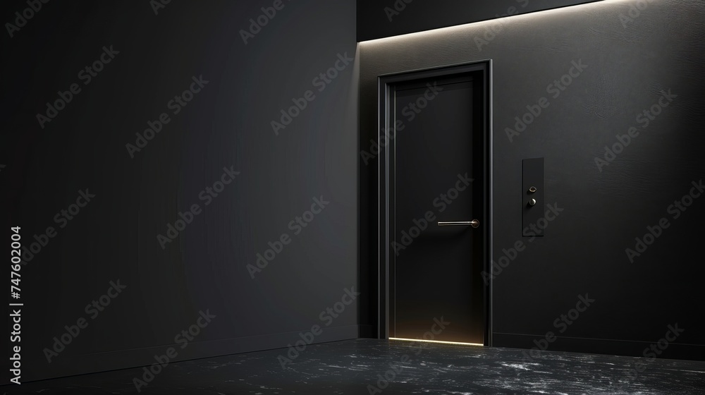Contemporary security black door with a black wall - obrazy, fototapety, plakaty 