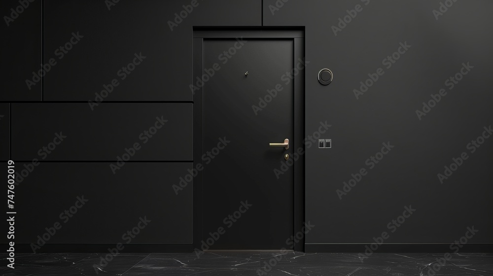 Contemporary security black door with a black wall - obrazy, fototapety, plakaty 