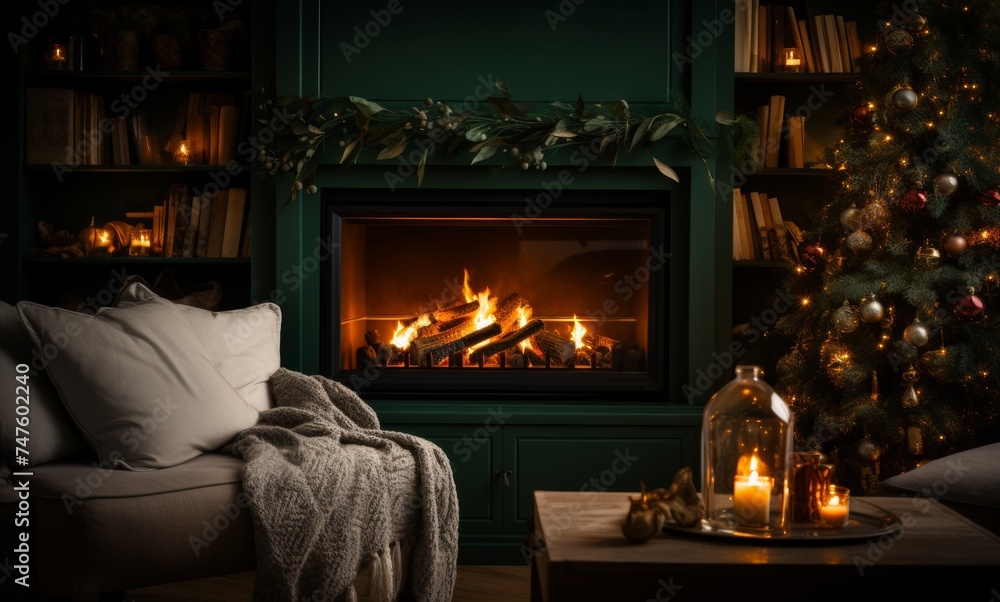 A Luxurious Scene. Winter Lights Next to Burning Fire, Dark Beige and Green Tones, Spot Metering A Luxurious Scene. Winter Lights Next to Burning Fire, Dark Beige and Green Tones, Spot Metering