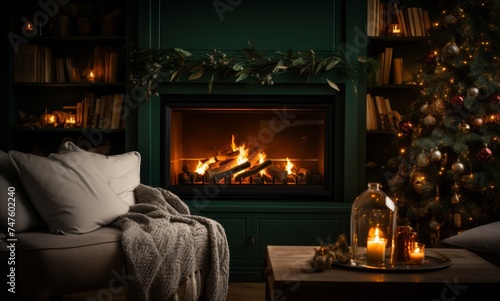 A Luxurious Scene. Winter Lights Next to Burning Fire, Dark Beige and Green Tones, Spot Metering