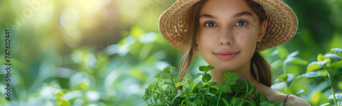 Young woman holding fresh herbs in garden with copy space