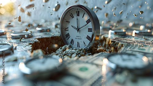 bottomless hole on the floor with small clocks and dollar bills falling into it on a solid white background photo
