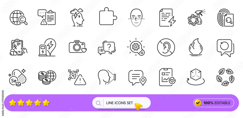 Augmented reality, Face id and Question mark line icons for web app. Pack of Face recognition, Report checklist, No hearing pictogram icons. Inspect, Chat bubble, Clipboard signs. Search bar. Vector Augmented reality, Face id and Question mark line icons for web app. Pack of Face recognition, Report checklist, No hearing pictogram icons. Inspect, Chat bubble, Clipboard signs. Search bar. Vector