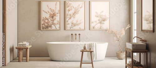 A white bath tub is positioned next to a window in a Scandinavian bathroom setting. The room features classic vintage interior design with empty paintings on the walls. © Vusal