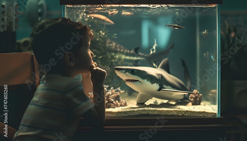 little boy staring intently at a miniature shark in a home aquarium fantasy  photo